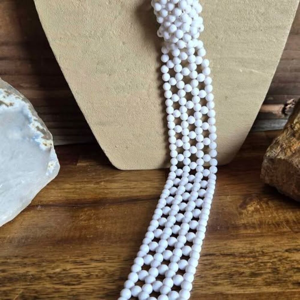 Vintage White Plastic Beaded Bib Fringe Necklace | Hong Kong
